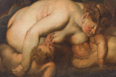 Ecole flamande, suiveur de Peter Paul Rubens (1577-1640): Paniskin allaitant du Sil&egrave;ne ivre, huile sur toile, d&eacute;but du 18&egrave;me si&egrave;cle