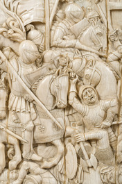 A museal and impressive carved ivory relief depicting a battle from the Hundred Years' War, probably Dieppe, 19th C.