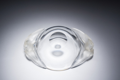 A French crystal 'Loriol' table centrepiece with frosted orchid handles, Lalique, last quarter 20th C.