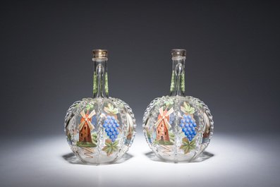 A pair of painted glass flasks, probably Dutch, 18th/19th C.