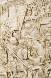 A museal and impressive carved ivory relief depicting a battle from the Hundred Years' War, probably Dieppe, 19th C.