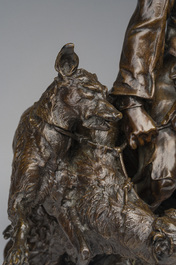 Pierre-Jules M&egrave;ne (1810-1879): Hunting companion with his dogs, brown patinated bronze
