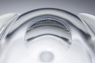 A French crystal 'Loriol' table centrepiece with frosted orchid handles, Lalique, last quarter 20th C.