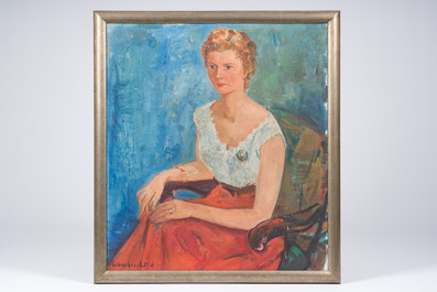 Constant Lambrecht (1915-1993): Dame met broche poserend in een interieur, olie op doek