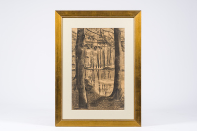 Jakob Smits (1855-1928, attribu&eacute; &agrave;): Paysage forestier, fusain sur papier