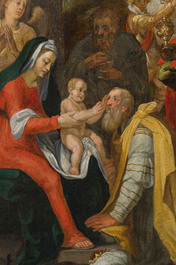 Prague school: The adoration of the magi, oil on panel, 17th C.