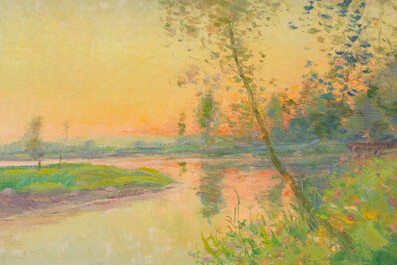 Edmond Verstraeten (1870-1956): Rivierlandschap bij een ondergaande zomerzon, olie op doek