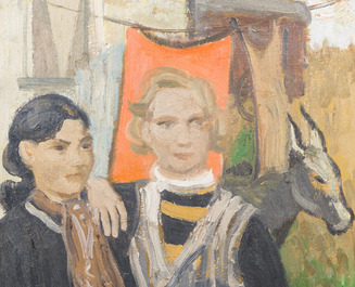 Hubert Malfait (1898-1971): Twee woonwagenbewoners en een ezel in een landschap, olie op doek