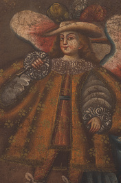 Cusco School, Peru: An angel with an arquebus and an angel with a flute, oil on canvas, 18th C.