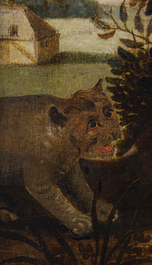 European school, follower of Frans Snijders (1579-1657): A fox defends prey from wild cats, oil on canvas, early 18th C.