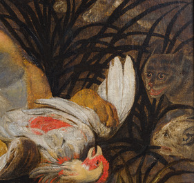 European school, follower of Frans Snijders (1579-1657): A fox defends prey from wild cats, oil on canvas, early 18th C.