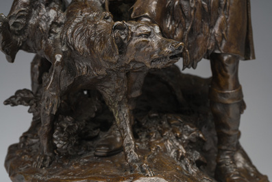 Pierre-Jules M&egrave;ne (1810-1879): Hunting companion with his dogs, brown patinated bronze