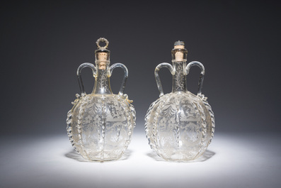 A pair of engraved glass flasks, probably Dutch, 18th/19th C.