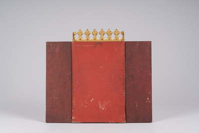 A Gothic Revival parcel-gilt Crucifixion triptych and two gilt-ground icons, 20th C.