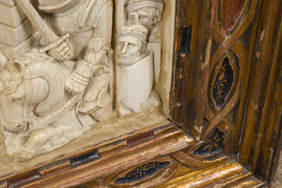 A museal and impressive carved ivory relief depicting a battle from the Hundred Years' War, probably Dieppe, 19th C.