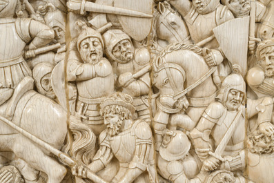 A museal and impressive carved ivory relief depicting a battle from the Hundred Years' War, probably Dieppe, 19th C.