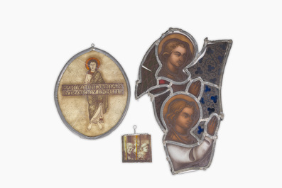 Three Gothic Revival painted and stained glass fragments, 19th C.