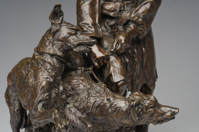 Pierre-Jules M&egrave;ne (1810-1879): Hunting companion with his dogs, brown patinated bronze