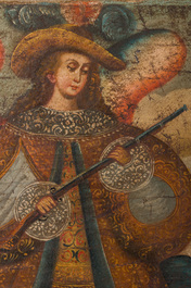 Cusco School, Peru: An angel with an arquebus and an angel with a flute, oil on canvas, 18th C.