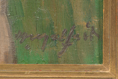 Hubert Malfait (1898-1971): Twee woonwagenbewoners en een ezel in een landschap, olie op doek