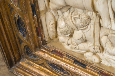 A museal and impressive carved ivory relief depicting a battle from the Hundred Years' War, probably Dieppe, 19th C.