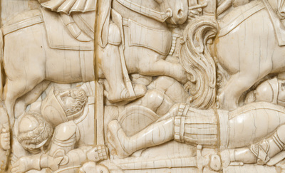A museal and impressive carved ivory relief depicting a battle from the Hundred Years' War, probably Dieppe, 19th C.
