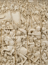 A museal and impressive carved ivory relief depicting a battle from the Hundred Years' War, probably Dieppe, 19th C.
