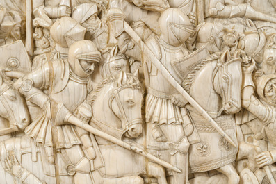 A museal and impressive carved ivory relief depicting a battle from the Hundred Years' War, probably Dieppe, 19th C.