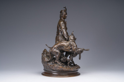Pierre-Jules M&egrave;ne (1810-1879): Hunting companion with his dogs, brown patinated bronze