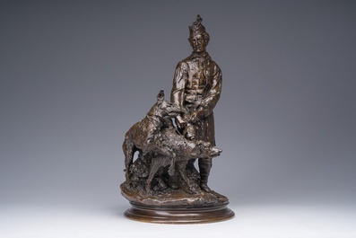 Pierre-Jules M&egrave;ne (1810-1879): Hunting companion with his dogs, brown patinated bronze
