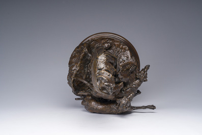 Pierre-Jules M&egrave;ne (1810-1879): Hunting companion with his dogs, brown patinated bronze