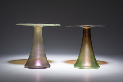 Koloman Moser (1868-1918, follower of): A pair of 'Vulkan' iridescent glass vases, 20th C.