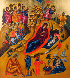 A Gothic Revival parcel-gilt Crucifixion triptych and two gilt-ground icons, 20th C.