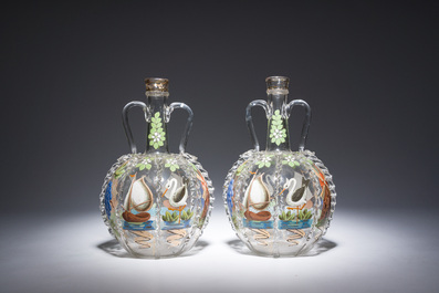 A pair of painted glass flasks, probably Dutch, 18th/19th C.