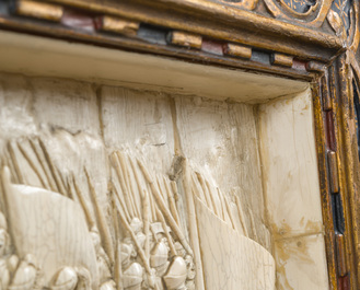 A museal and impressive carved ivory relief depicting a battle from the Hundred Years' War, probably Dieppe, 19th C.
