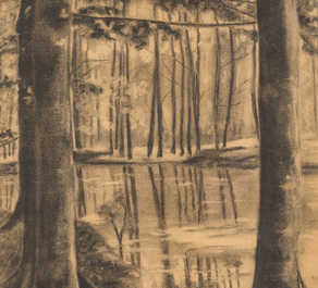 Jakob Smits (1855-1928, attribu&eacute; &agrave;): Paysage forestier, fusain sur papier