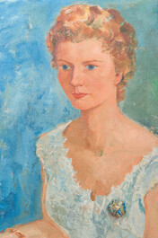 Constant Lambrecht (1915-1993): Dame met broche poserend in een interieur, olie op doek