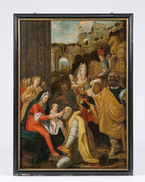 Prague school: The adoration of the magi, oil on panel, 17th C.