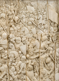 A museal and impressive carved ivory relief depicting a battle from the Hundred Years' War, probably Dieppe, 19th C.