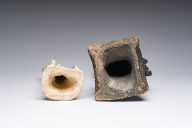 Een Chinese polychrome daktegel in de vorm van een man en een Guanyin, Han en later