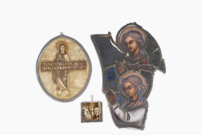 Three Gothic Revival painted and stained glass fragments, 19th C.