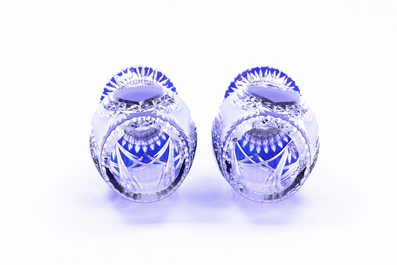 A pair of vases in partly blue coloured Bohemian crystal, 20th C.