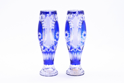 A pair of vases in partly blue coloured Bohemian crystal, 20th C.