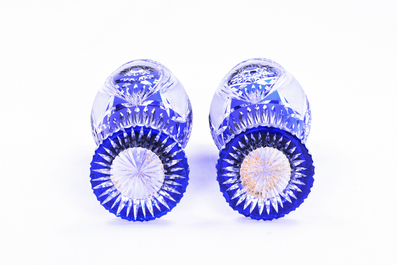 A pair of vases in partly blue coloured Bohemian crystal, 20th C.