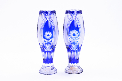 A pair of vases in partly blue coloured Bohemian crystal, 20th C.