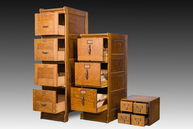 Two wooden filing cabinets, Globe Wernicke and Au Ch&ecirc;ne Vert, and a four compartment storage box, 19th/20th C.