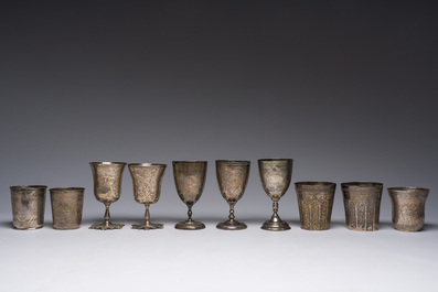 Ten Ottoman floral engraved silver cups with tughra and sah marks, mainly 19th C. (pre-1923)