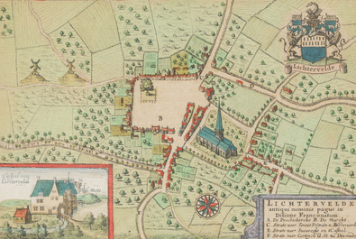Three hand coloured engraved maps of Ieper, Roeselare, Lichtervelde and a view of Veurne, 16th/17th C.