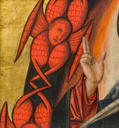 Spanish school, circle of Pedro Garc&iacute;a de Benavarre (15th C.): God the Father and the Holy Spirit surrounded by angels, oil on panel, ca. 1500