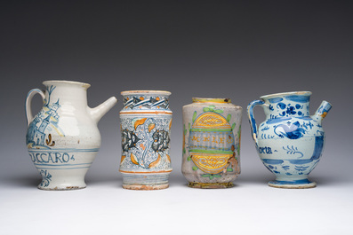 Four blue, white and polychrome Italian maiolica drug jars, 17th C. and later